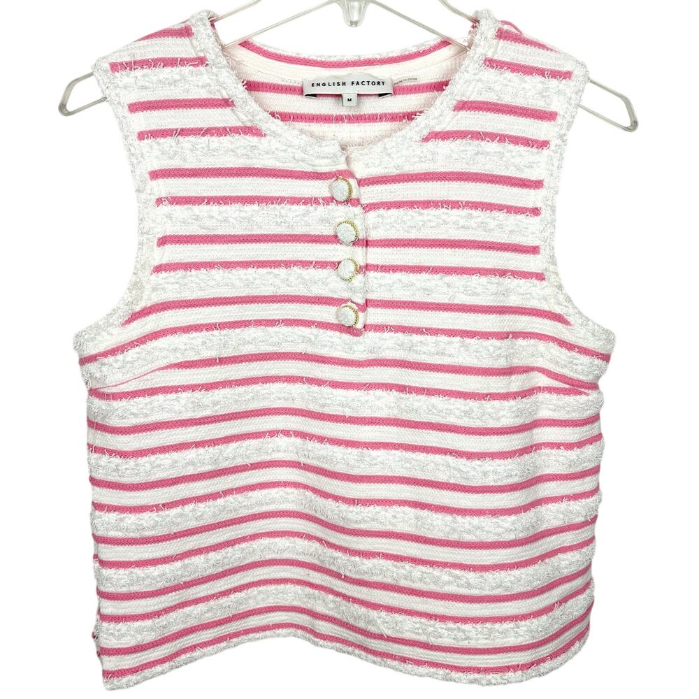 English Factory Fringe Striped Sleeveless Top Cotton Poly Pink White Size Medium